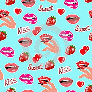 Pattern with female lips and fingers with long nails, vector seamless pattern with strawberries and painted lips, Bright summer pa